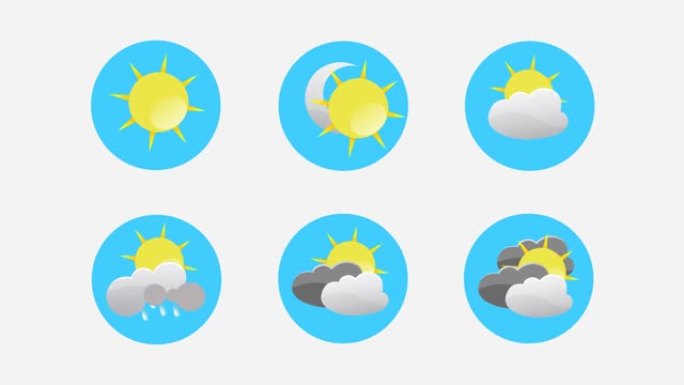 显示为符号天气预报卡通彩色图标集动画视频。视频由4k分辨率和可循环运动图像组成。