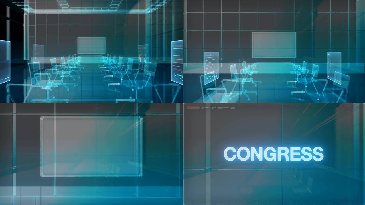 会议室，头脑风暴，向前移动的摄像机，前面的白板打错了“Congress”。4 k动画。