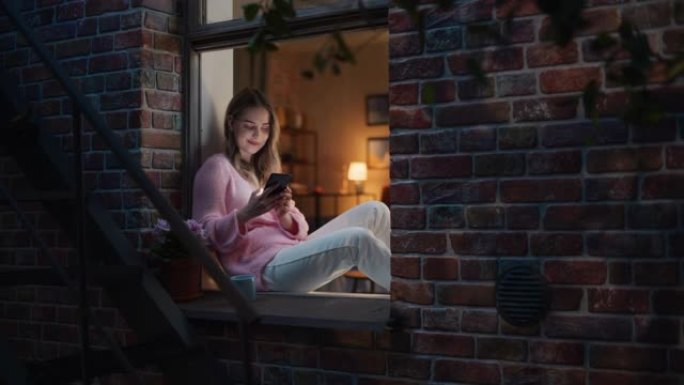 美丽的白人妇女坐在敞开的窗台上使用智能手机。拥有健康创意生活方式的迷人女孩晚上在家放松，独自度过一些