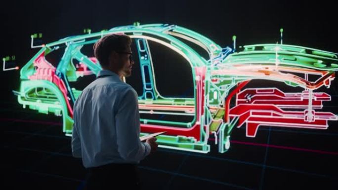 创新的绿色能源启动: 工程师使用平板电脑和大屏幕分析原型设计电动汽车。可持续环保碳中性汽车概念