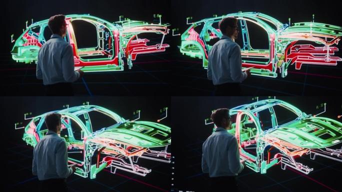 创新的绿色能源启动: 工程师使用平板电脑和大屏幕分析原型设计电动汽车。可持续环保碳中性汽车概念