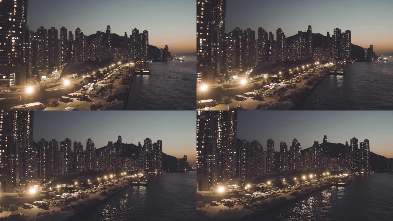 夜间香港城市无人机景观