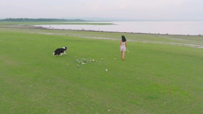 年轻女子和她的边境牧羊犬在山区草地上散步。空中无人机。