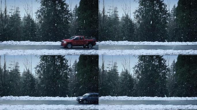 车辆在森林道路上降雪通过