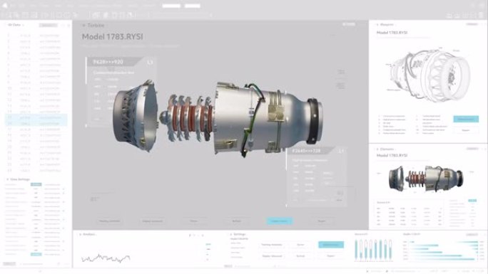 计算机cad软件模型显示了3D工业可持续绿色能源涡轮发动机的设计。高效的电机原型动画。PC显示器和笔