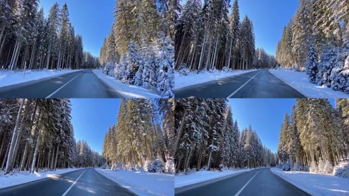穿越白色森林的雪乡公路上的驾驶视点