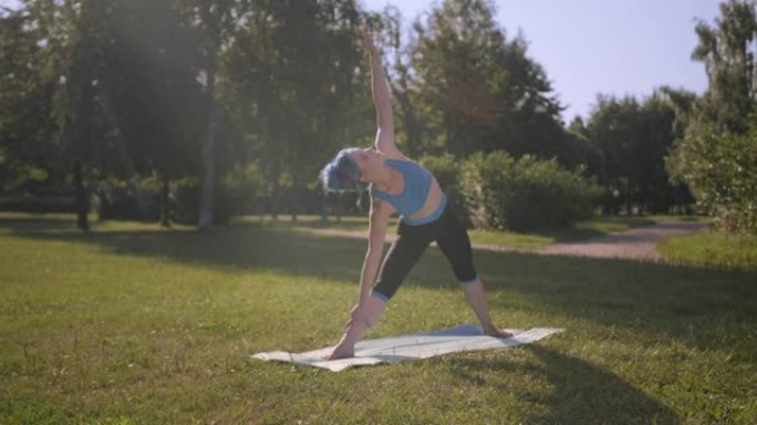一位美丽健康的瑜伽老师正在夏天的早晨在公园的瑜伽垫上做战士瑜伽姿势