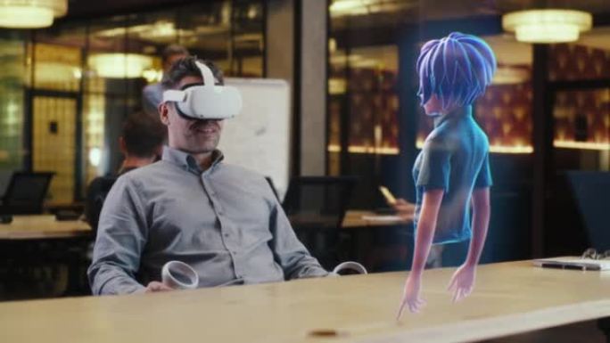 有虚拟现实眼镜的人通过全息元宇宙与化身视频聊天