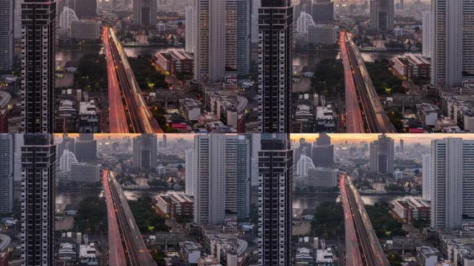 日出时曼谷城市景观的时间流逝，交通道路和河流