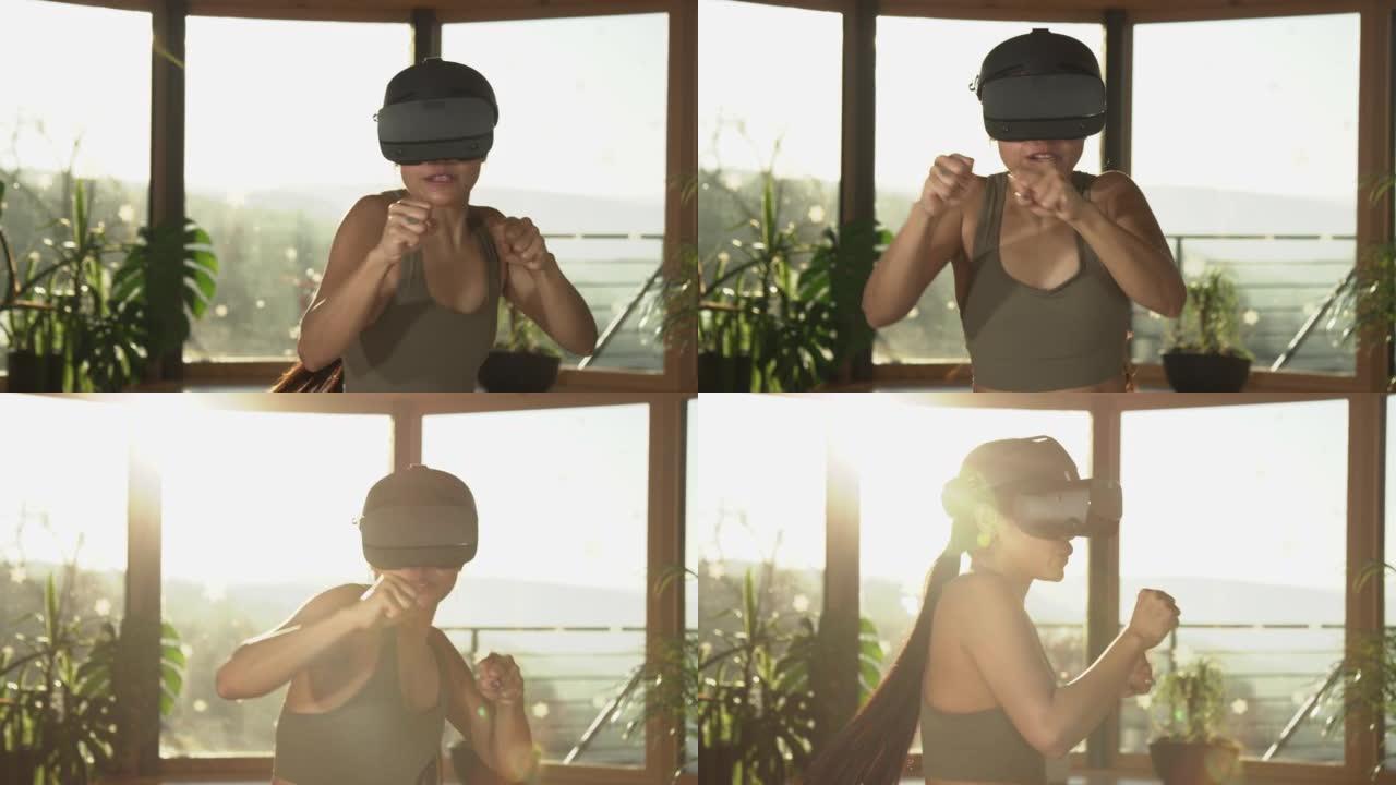 慢动作: 年轻的亚洲女性为拳击运动实施高科技VR设备