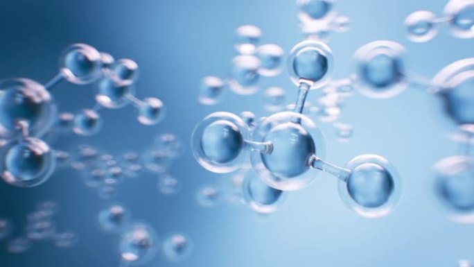 在蓝色背景上移动的分子结构模型，例如在水中