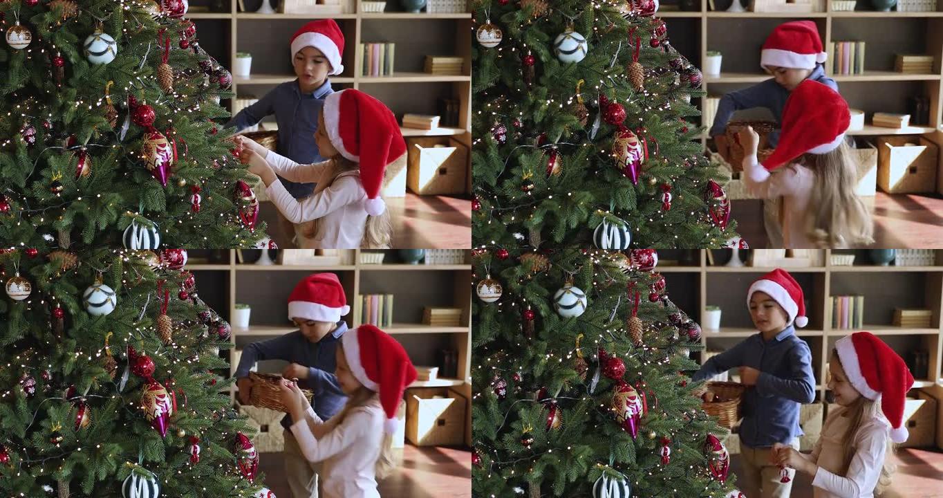 青春期男孩帮助小妹妹用玩具装饰圣诞树