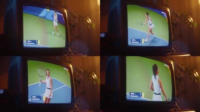 通过直播体育网球比赛来关闭过时的电视屏幕的镜头。白色运动女运动员失去一分。怀旧复古90年代技术概念。