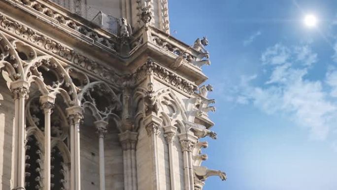 火灾发生前几个月，巴黎圣母院的石像鬼雕像的低角度视图。