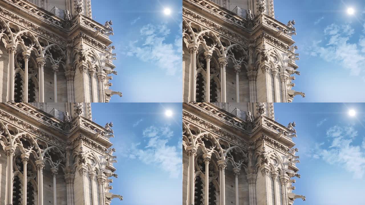 火灾发生前几个月，巴黎圣母院的石像鬼雕像的低角度视图。