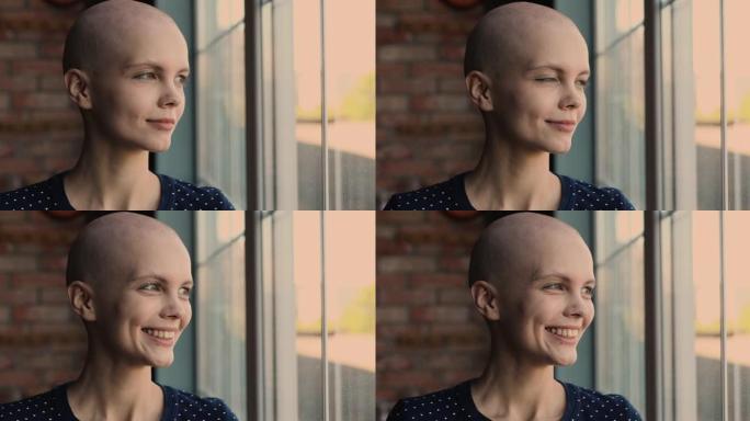 年轻秃头乐观女性癌症患者的特写肖像