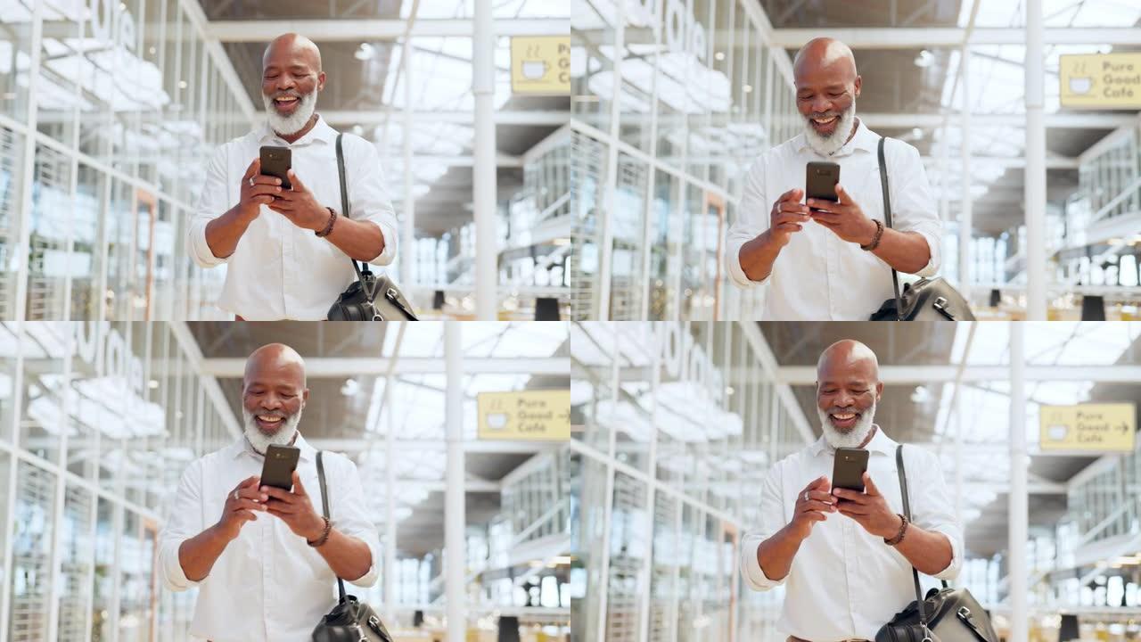与黑人在机场旅行，旅游或度假的电话，散步和好消息。移动，联系和旅行与一名高级男性在终端中键入短信