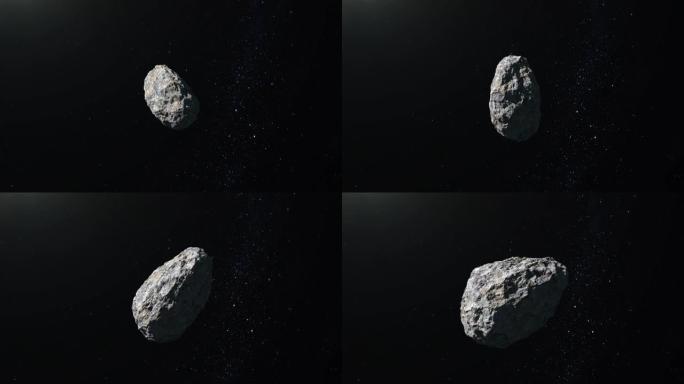 小行星正在太空飞行。星星闪烁。小行星缓慢旋转并接近。星空。4K. 3d渲染。