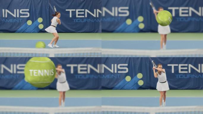女子网球运动员用球拍击球，3D特效球飞向屏幕，上面写着网球。体育电视女运动员参加世界锦标赛。VFX动