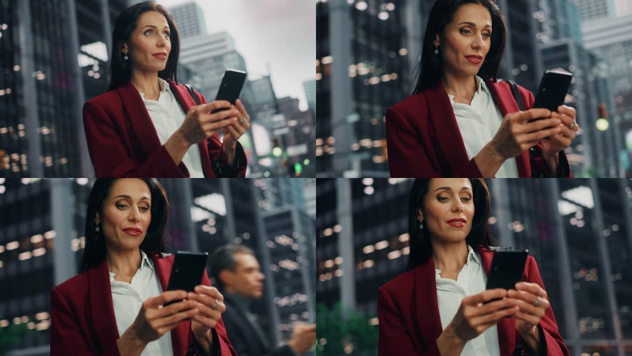 在大城市的街道上使用智能手机的成功成年女商人的肖像。自信的高管在去办公室的路上与网上的人联系，信息传