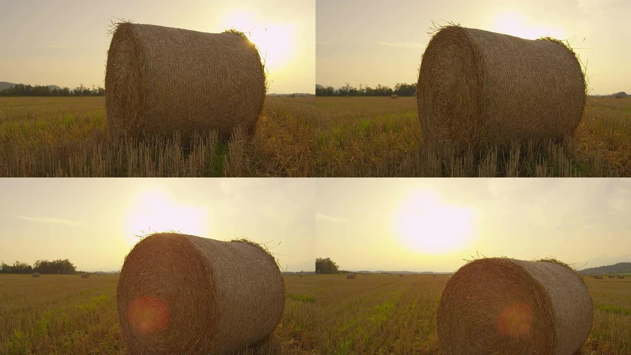 日落时在农田上的干草捆