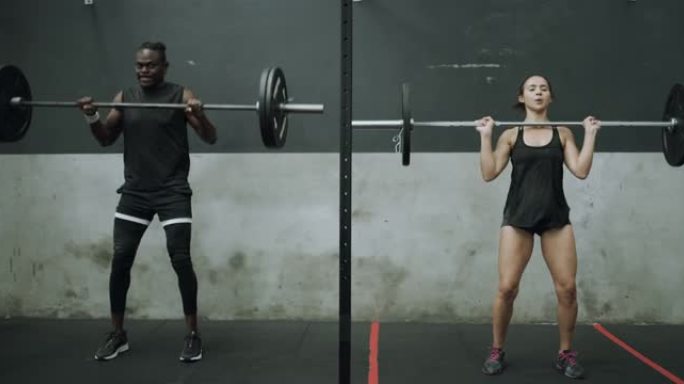 4k视频片段，一个年轻的男人和女人在健身房用杠铃进行头顶按压