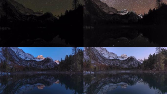 从星空到日出的雪山延时摄影