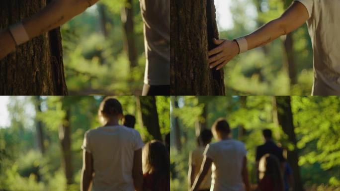 SLO MO女人与家人在阳光明媚的森林中散步时碰到一棵树