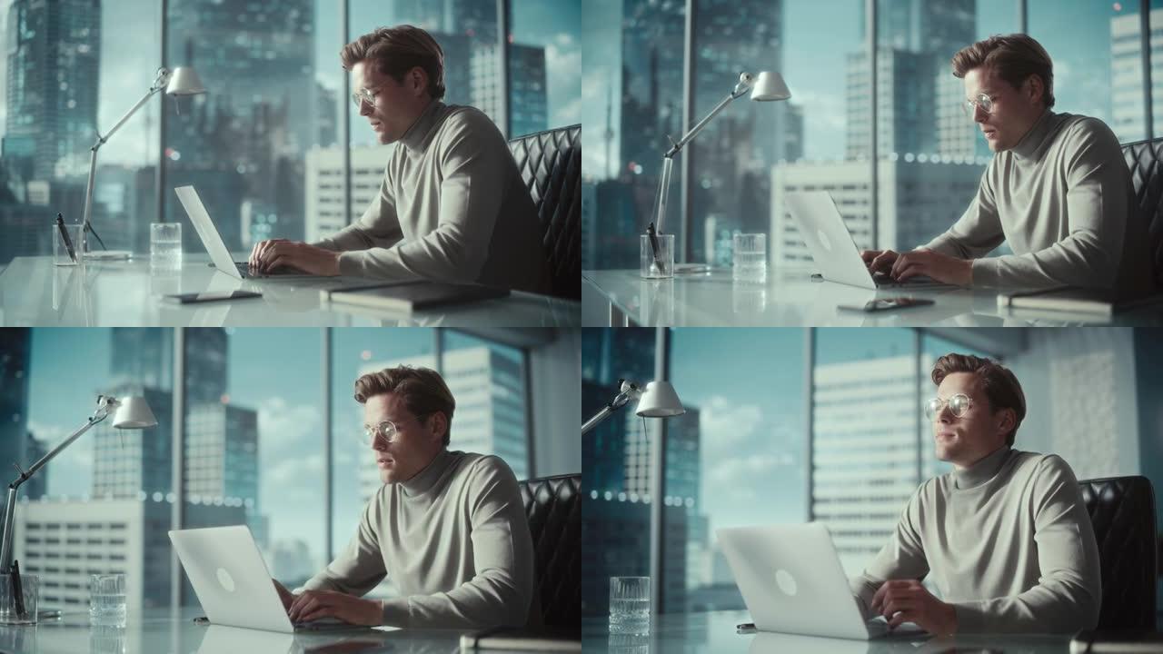 穿着高领毛衣的创意商人坐在现代办公室里，使用笔记本电脑在窗户旁边，可以看到摩天大楼。成功的财务经理计