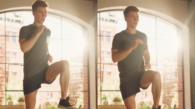 垂直屏幕: 强壮的运动健康的年轻人在阳光明媚的公寓在家晨练时做有氧高膝盖和核心强化练习。健身和娱乐概