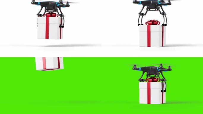 直升机送一个礼品盒，并将其放在白色背景的表面上。美丽的3d动画的无人机和包裹在绿屏上。假期和交付概念