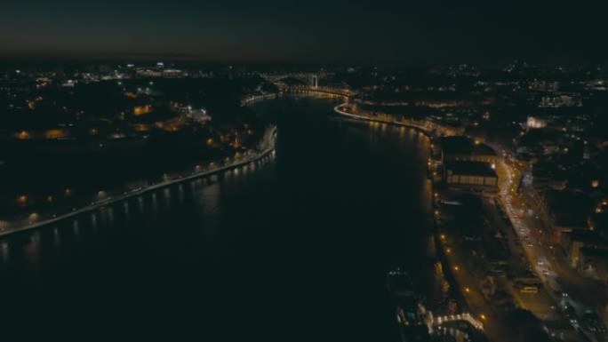 葡萄牙波尔图无人机的杜罗河夜景