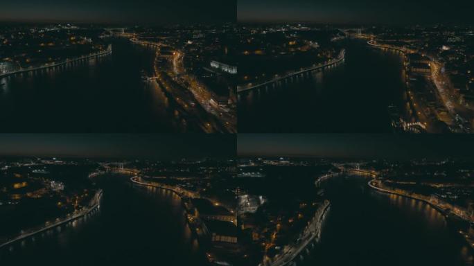 葡萄牙波尔图无人机的杜罗河夜景