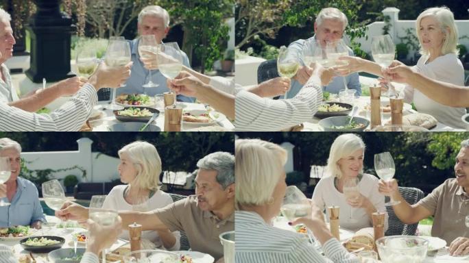 一群朋友在户外午餐期间享用葡萄酒的4k视频片段