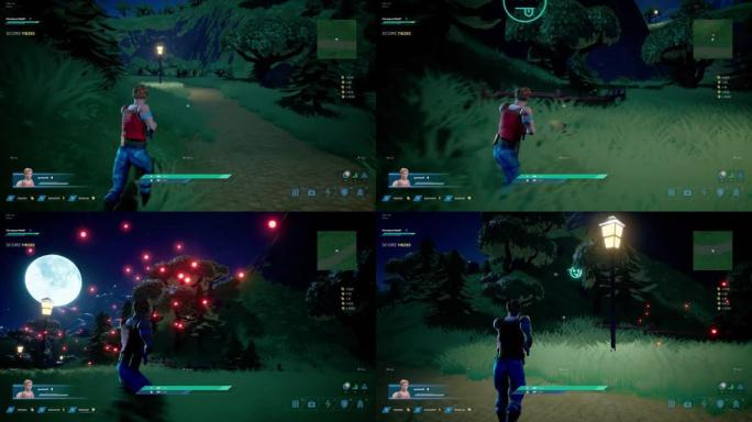 夜间视频游戏模型: 游戏3D FPS射击游戏在线多人战斗皇家。有趣的街机英雄角色奔跑，战斗，射击枪支