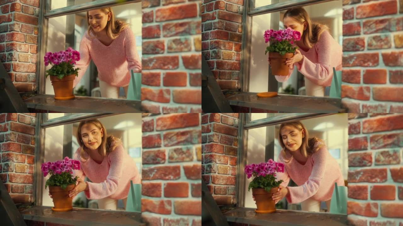 一位年轻女性在时尚公寓的窗台上浇水盆花的特写肖像。美丽的女孩拿起锅，享受华丽的粉红色花朵的气味。