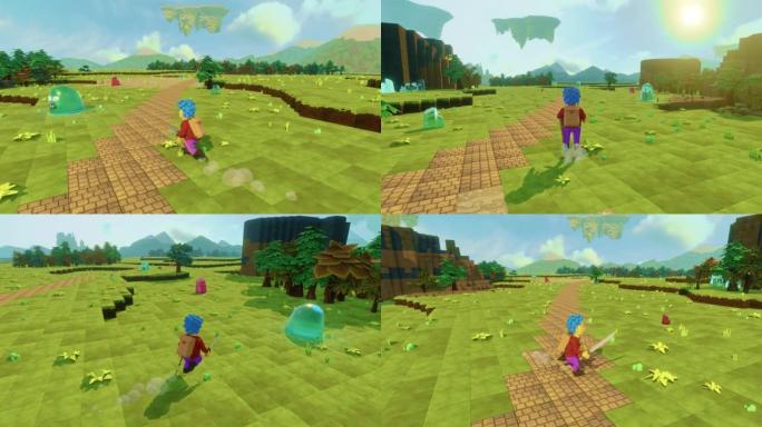 动画MMO街机，英雄角色用剑奔跑，与五颜六色的怪物战斗。循环视频游戏模拟概念: 3D第三人称幻想开放