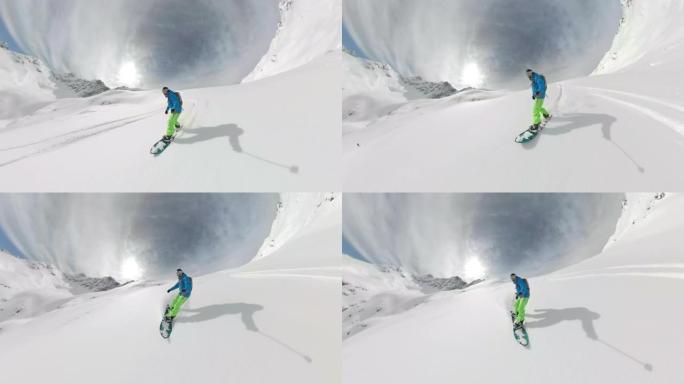 自拍照: 男性游客在跳板旅行中将新鲜的粉末雪切碎。