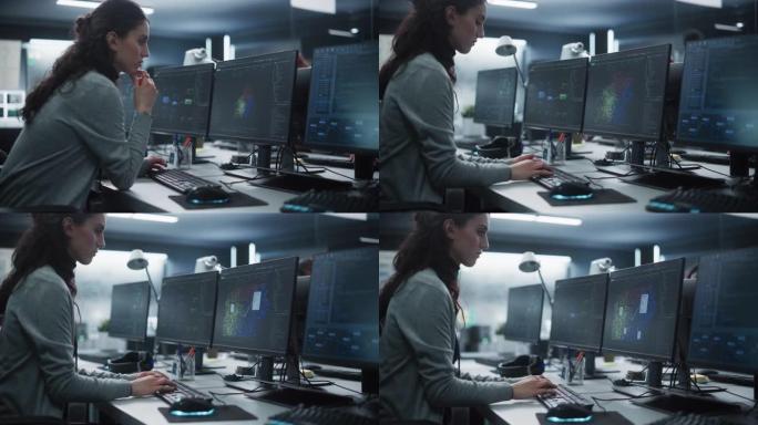 年轻的女性人工智能工程师在技术办公室从事计算机工作。年轻的专家为创新的大数据区块链项目编写软件代码
