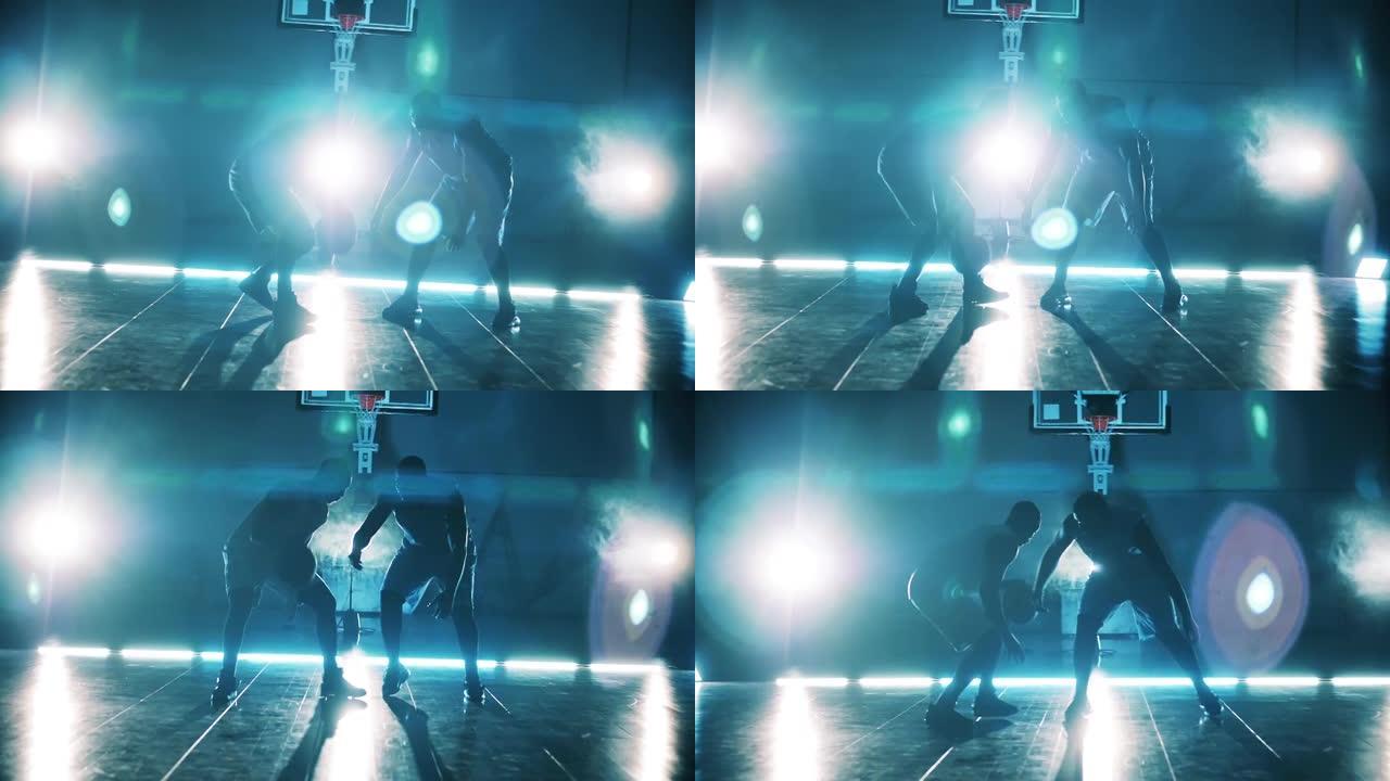 两名非洲裔美国男子正在慢动作打篮球