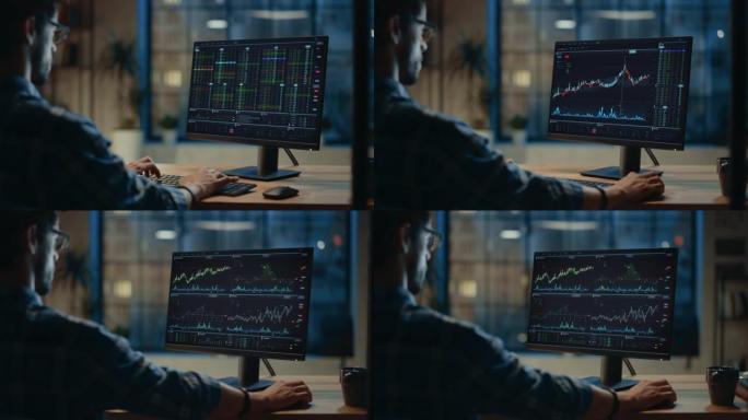 家庭办公室: 金融分析师使用计算机，显示器显示实时股票，商品，交易所市场图表。远程工作的西班牙商人进