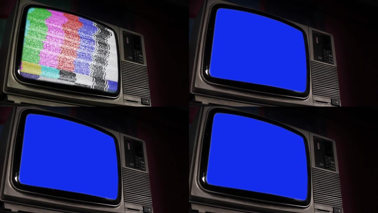 黑色背景下的蓝色色度键屏幕的旧电视。特写。放大。4k分辨率。