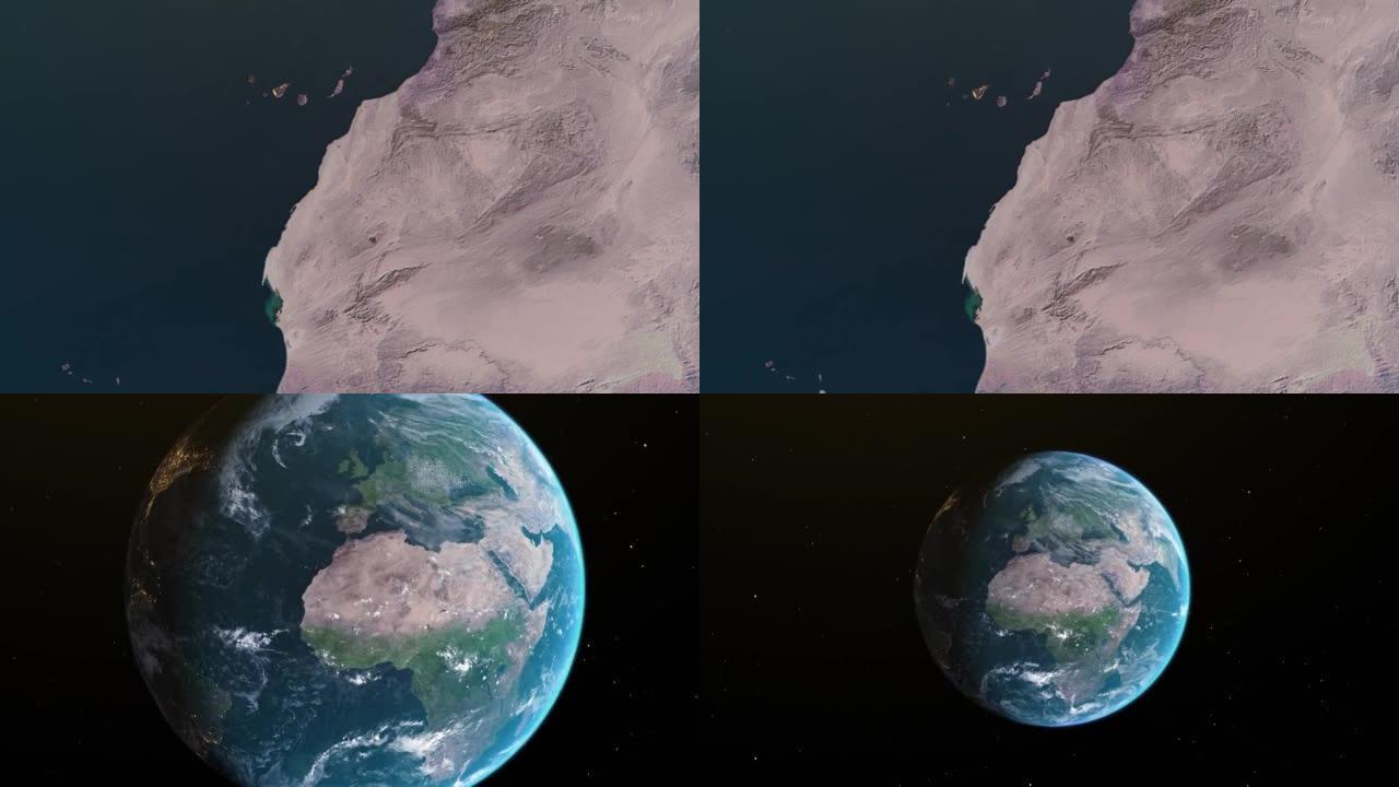 摩洛哥地图，通过一个4K照片真实动画地球仪放大到空间，包括非洲，西亚和欧洲的全景。史诗旋转世界动画，