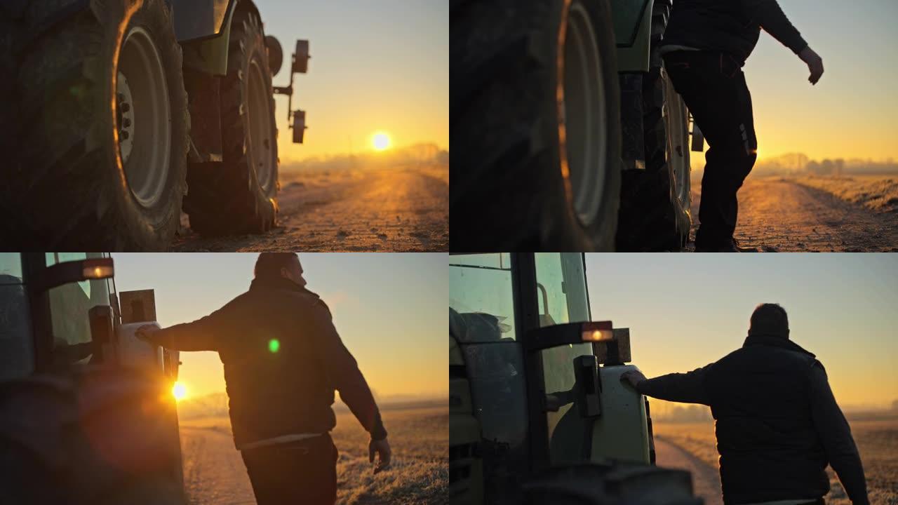 男性农民在日出时从阳光明媚的乡村田野里走出拖拉机