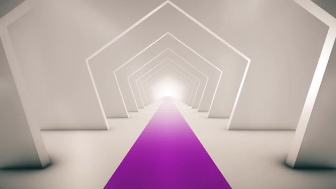 飞过未来主义的隧道。(可循环) 慢动作中的抽象3D动画。照明走廊的概念，室内设计，太空船，科学，技术