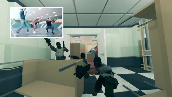 3d射击游戏，一组玩家参加。VR，360创新游戏概念。