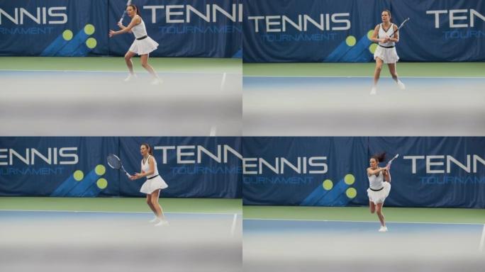 女子网球运动员在冠军赛中用球拍击球。职业女运动员获得并获得完美的凌空射击。世界体育锦标赛。慢动作全镜