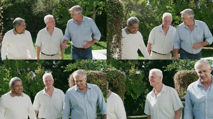 一群男性老年朋友在花园里玩得开心的4k视频片段
