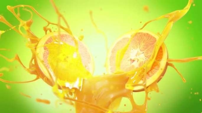 慢动作4K的新鲜橙色水果喷出果汁