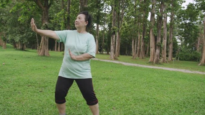 POV手持中枪: 亚洲高级女子在公园跑步后为手臂和肩膀做太极运动。老运动女人把手伸出来，发抖。早上感